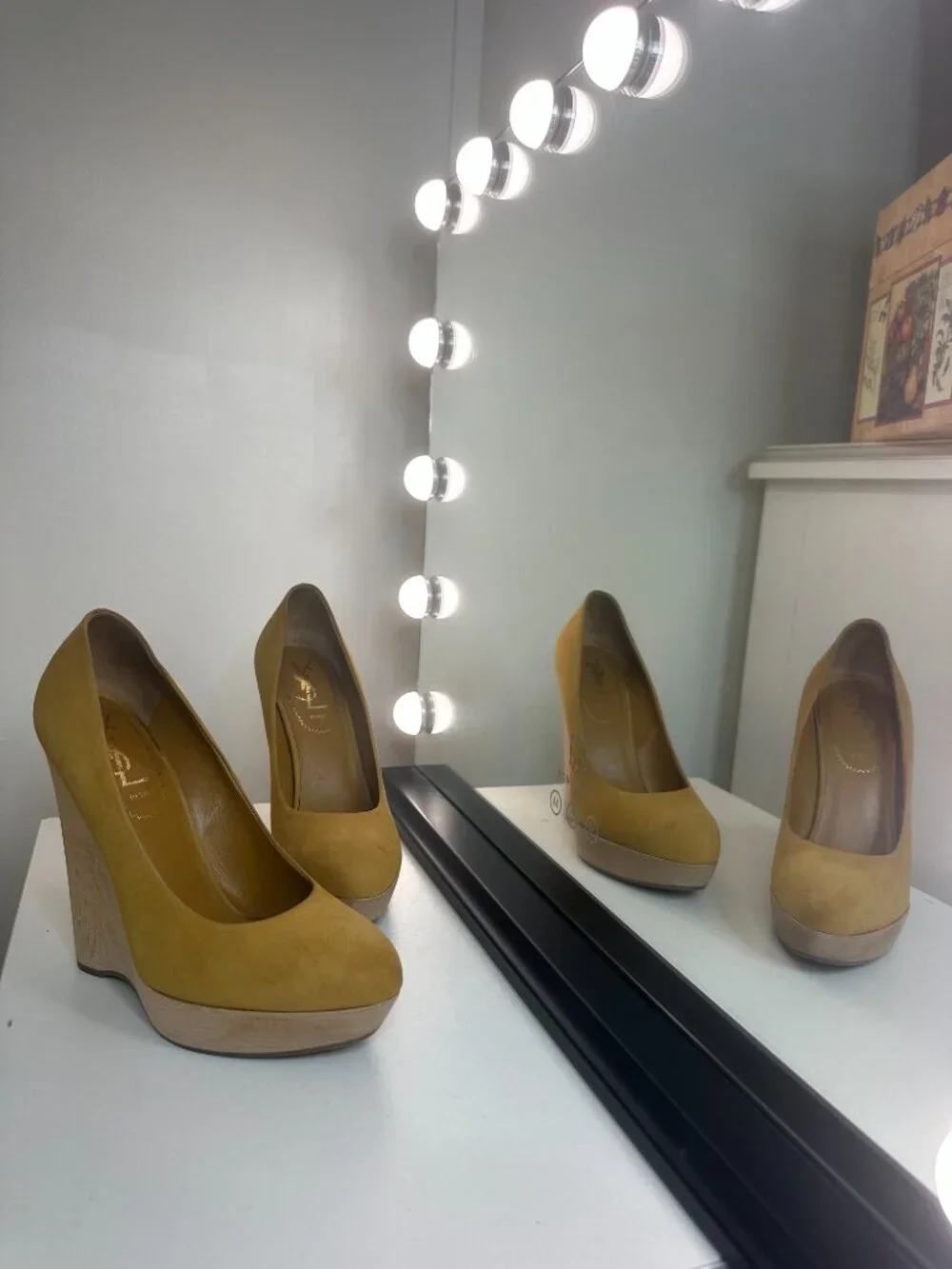 Yves Saint Laurent YSL Tribute Mustard Suede Platform Wedge Pumps, EU 36.5 / US
